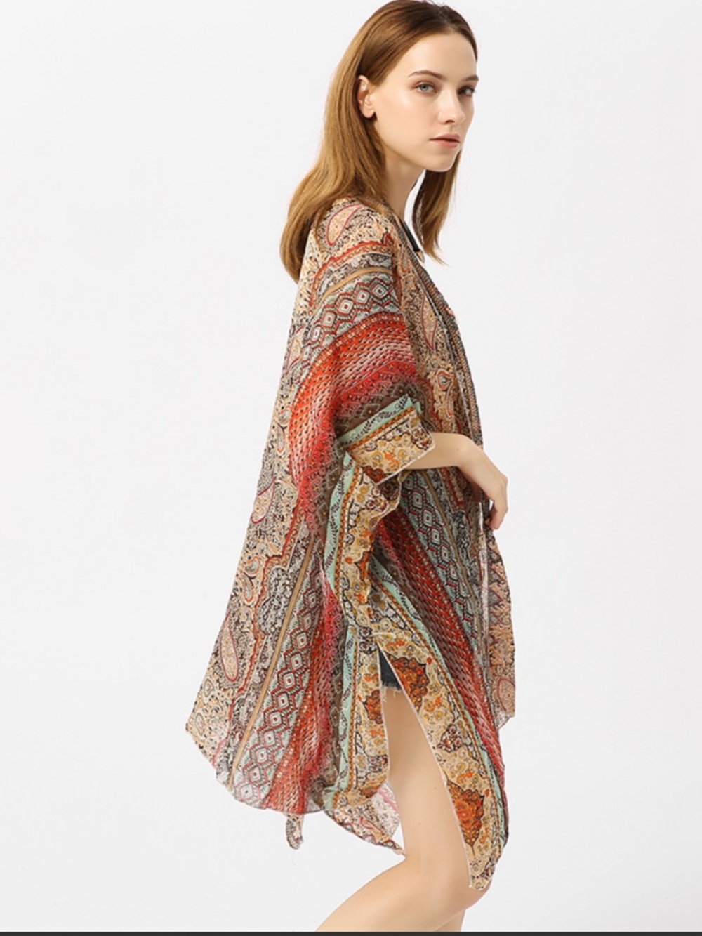 Boho Printed Kimono Cover-Up in Rust and Teal One Size